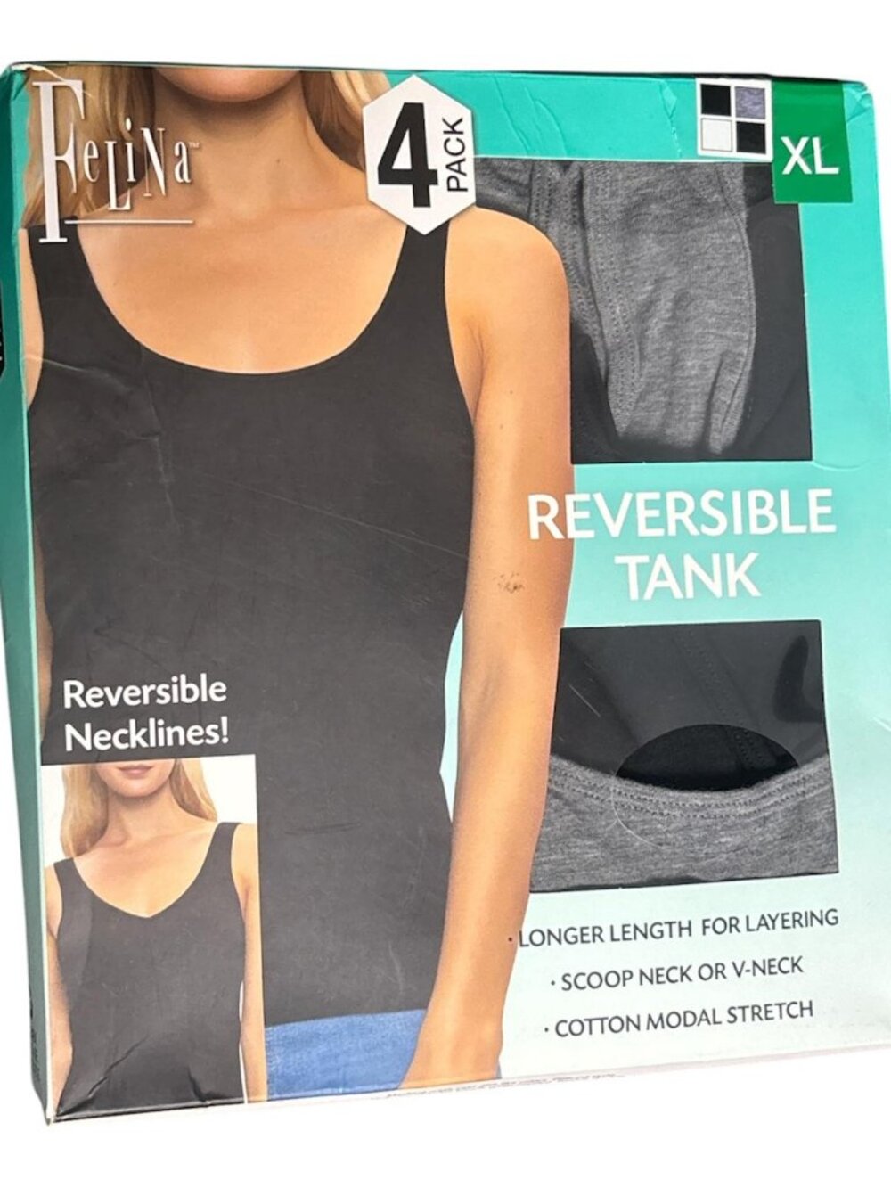 Felina Ladie's' Black, Black& Gray Reversible Necklines Tanks 3 Pack